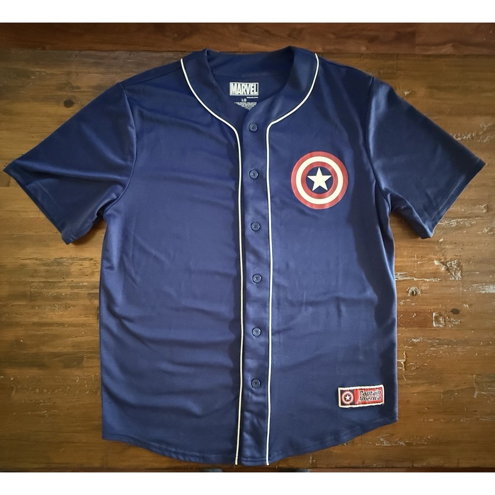 Marvel Captain America Mens L Navy Baseball Jersey Shield Logo 41 Button Up Tee